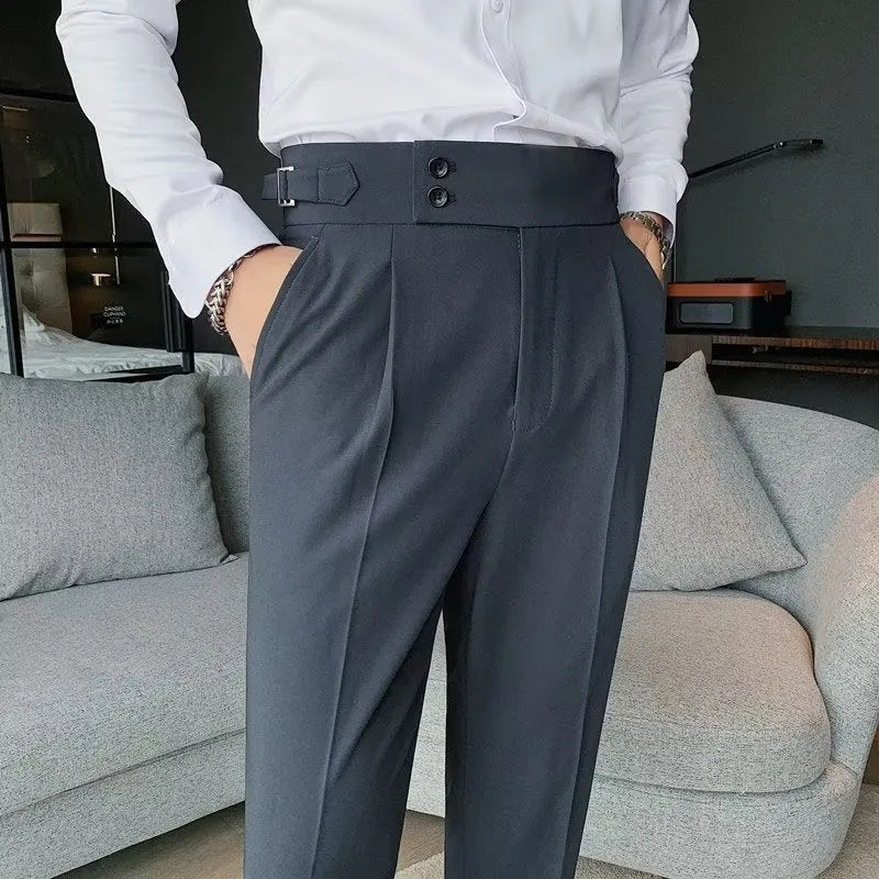 Retro high waist straight leg casual trousers in cotton blend fabric, shown in black, brown, grey or white.