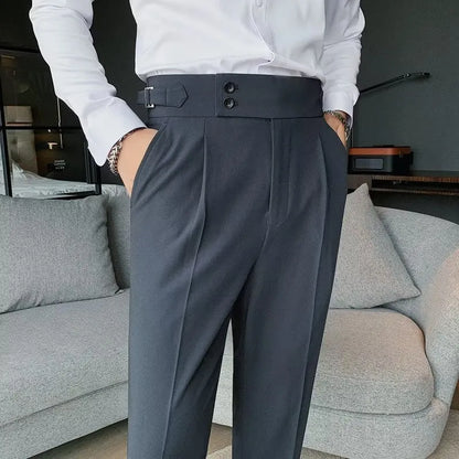 Retro high waist straight leg casual trousers in cotton blend fabric, shown in black, brown, grey or white.