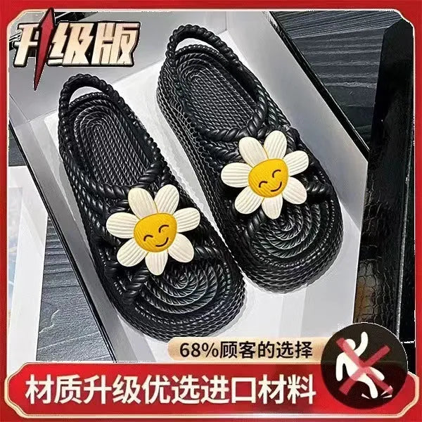 PVC non-slip sandals with round toe and floral decoration in beige colour