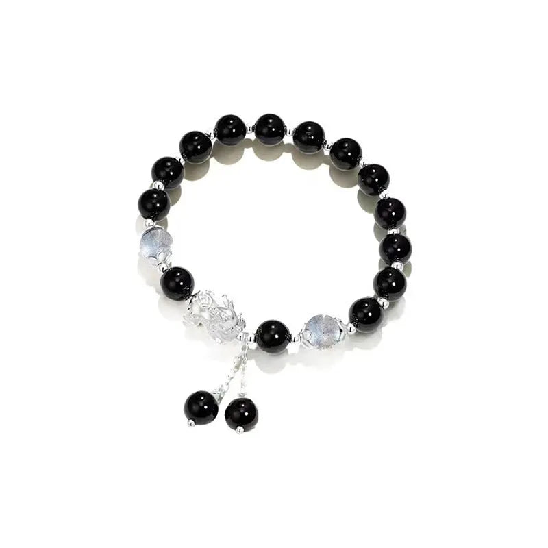 Natural black agate couple bracelets with 10mm wave-shaped beads in grey moonlight colour