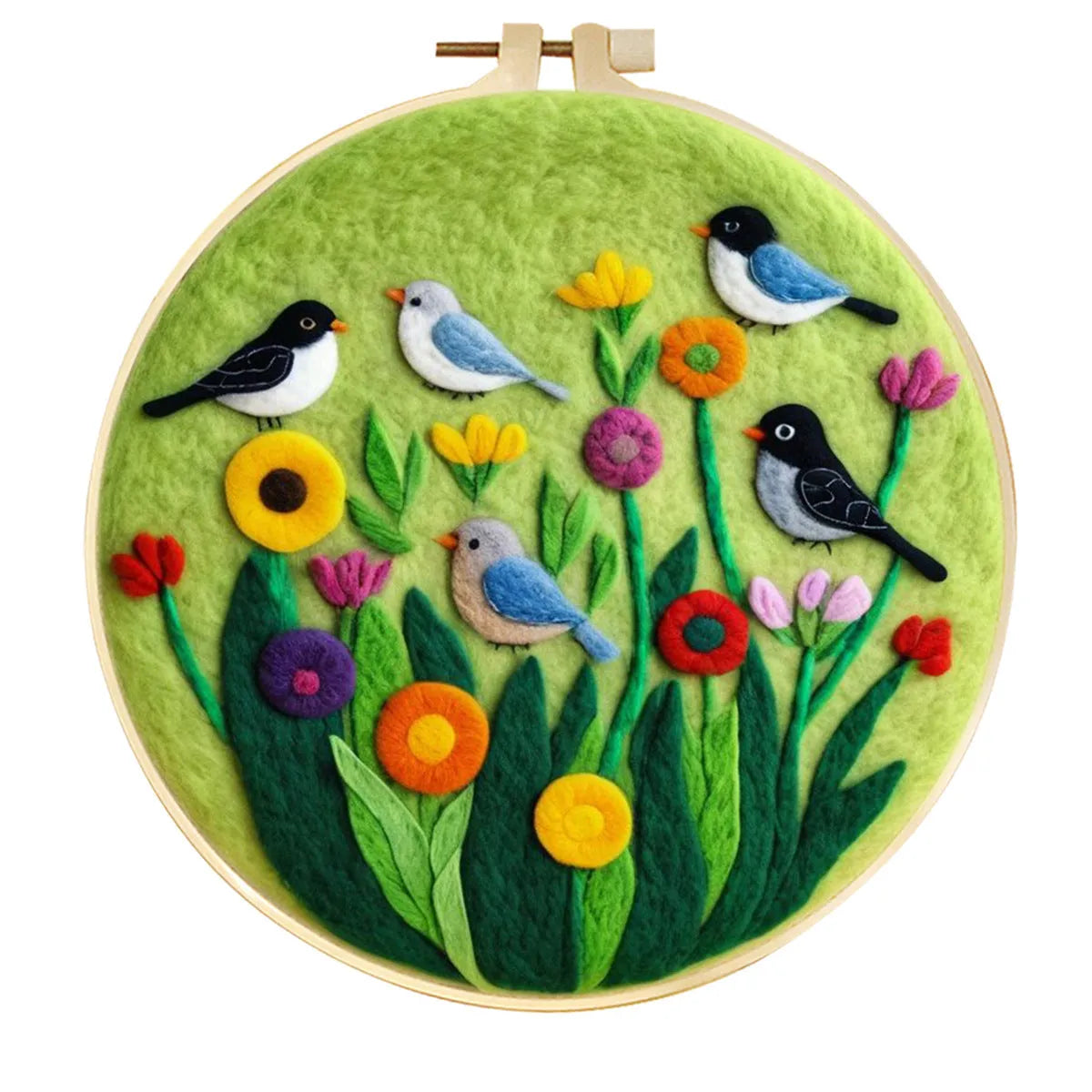Round three-dimensional embroidery kit with linen fabric, wool felt pieces, and embroidery frame for 20x20 cm blanket painting