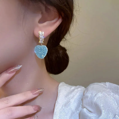 Blue and pink candy stud earrings with peach heart design in alloy material