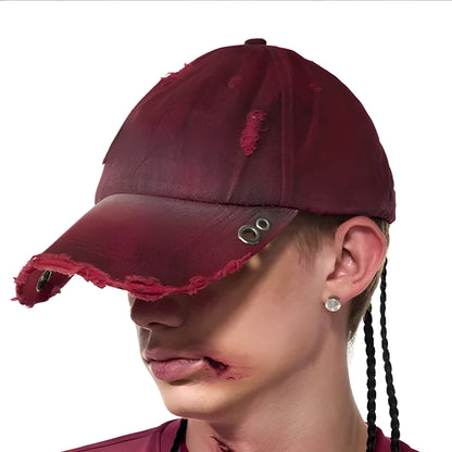 Rose red cotton peaked cap with adjustable strap and curved baseball-style peak