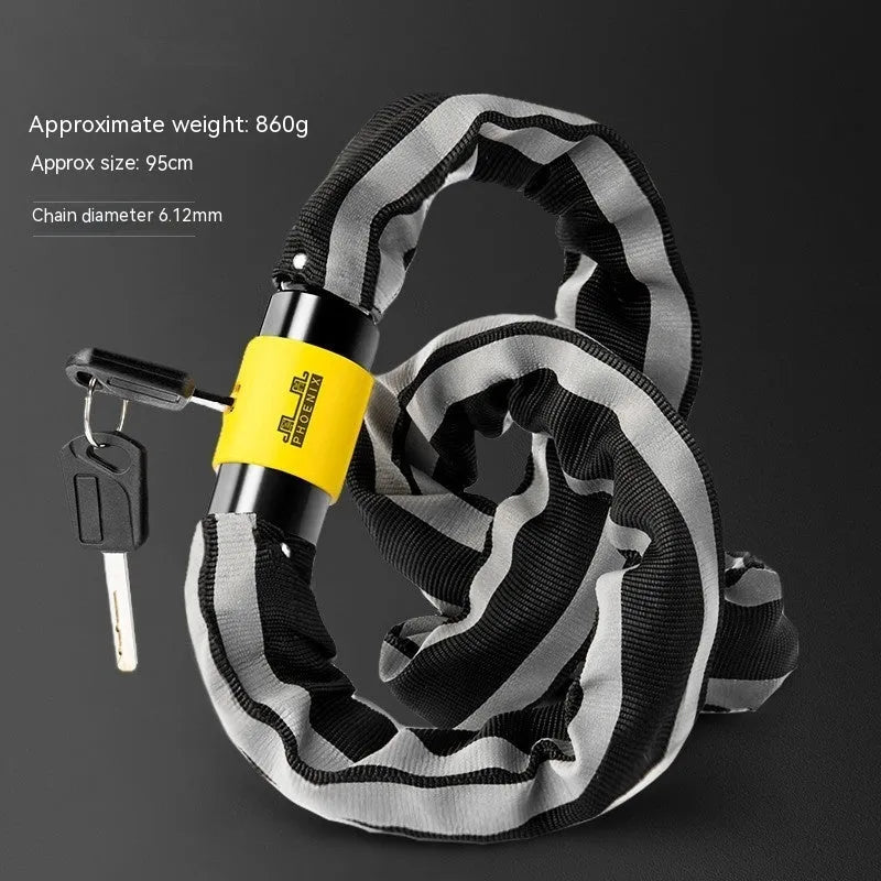 95cm zinc alloy bicycle chain lock for mountain bikes in black or yellow colour with key or combination lock