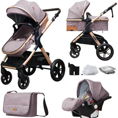 Lightweight folding multi-function baby cart with iron pipe frame, high landscape seat, 15kg load, in khaki or grey