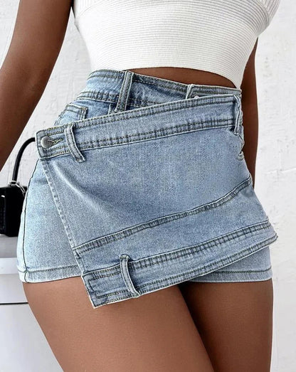 Stylish Y2K denim shorts with asymmetrical hem, available in dark blue, light blue, grey, and black colors in sizes S-5XL