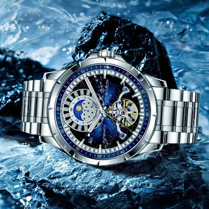 Men's silver alloy case waterproof automatic watch with blue face and stainless steel strap