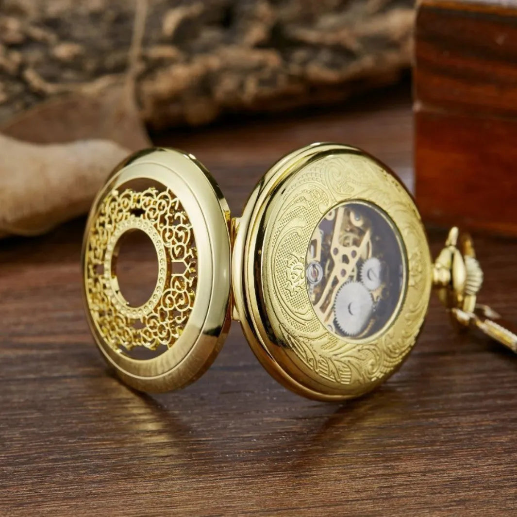 Retro mechanical pocket watch with floral print dial and transparent case back showing movement