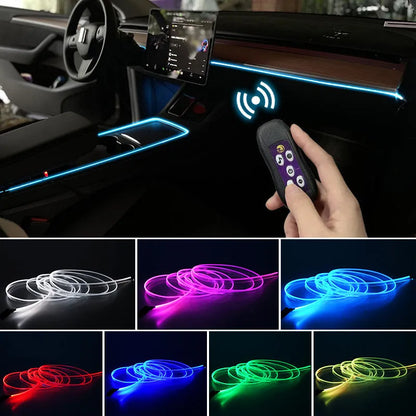 Car USB LED atmosphere lamp showing colour-changing lights installed on centre console and instrument panel