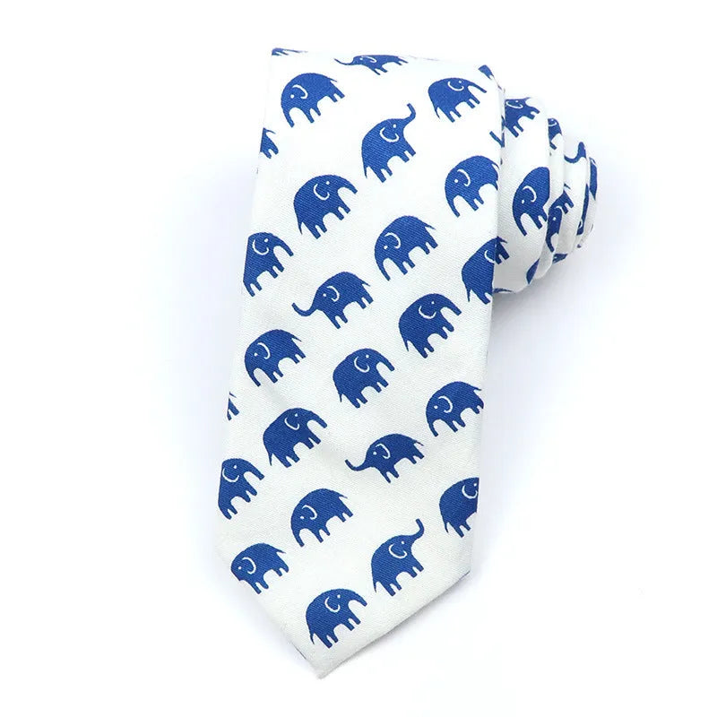 Korean style narrow men's cotton bow tie with a printed cartoon pattern on an adjustable fabric strap.