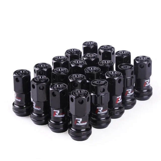 Set of aluminium alloy wheel hub nuts in various colours including red, gold, blue, purple and black combinations