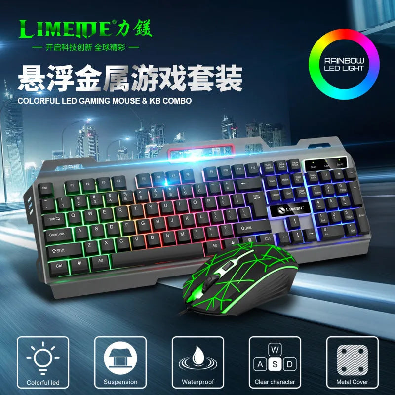 Luminous gaming keyboard and mouse combo in black or white colours with photoelectric technology