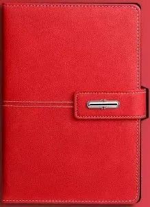 A5 notebook with imitation leather cover in colour options including black, red, green, blue, and orange.