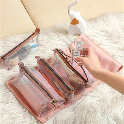4-in-1 detachable cosmetic bag in green, pink, and black with waterproof oxford material