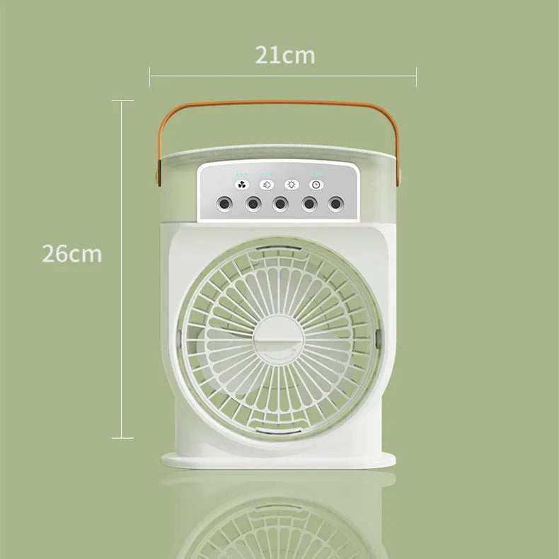 Black portable USB air cooler fan with adjustable head, leather handle, and removable water tank on a desk.