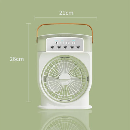 Black portable USB air cooler fan with adjustable head, leather handle, and removable water tank on a desk.