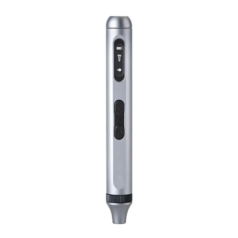 Aluminium-handle precision electric screwdriver showing compact design and charging port.