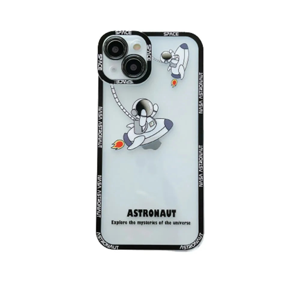 Transparent silicone iPhone case with blue astronaut print, showing compatibility with iPhone models.