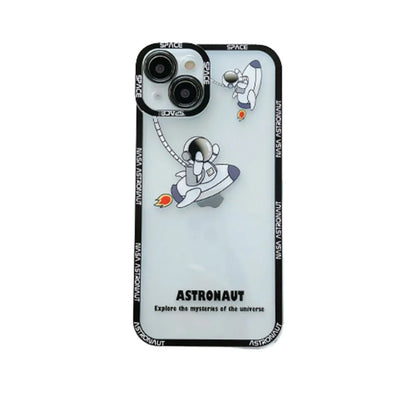 Transparent silicone iPhone case with blue astronaut print, showing compatibility with iPhone models.