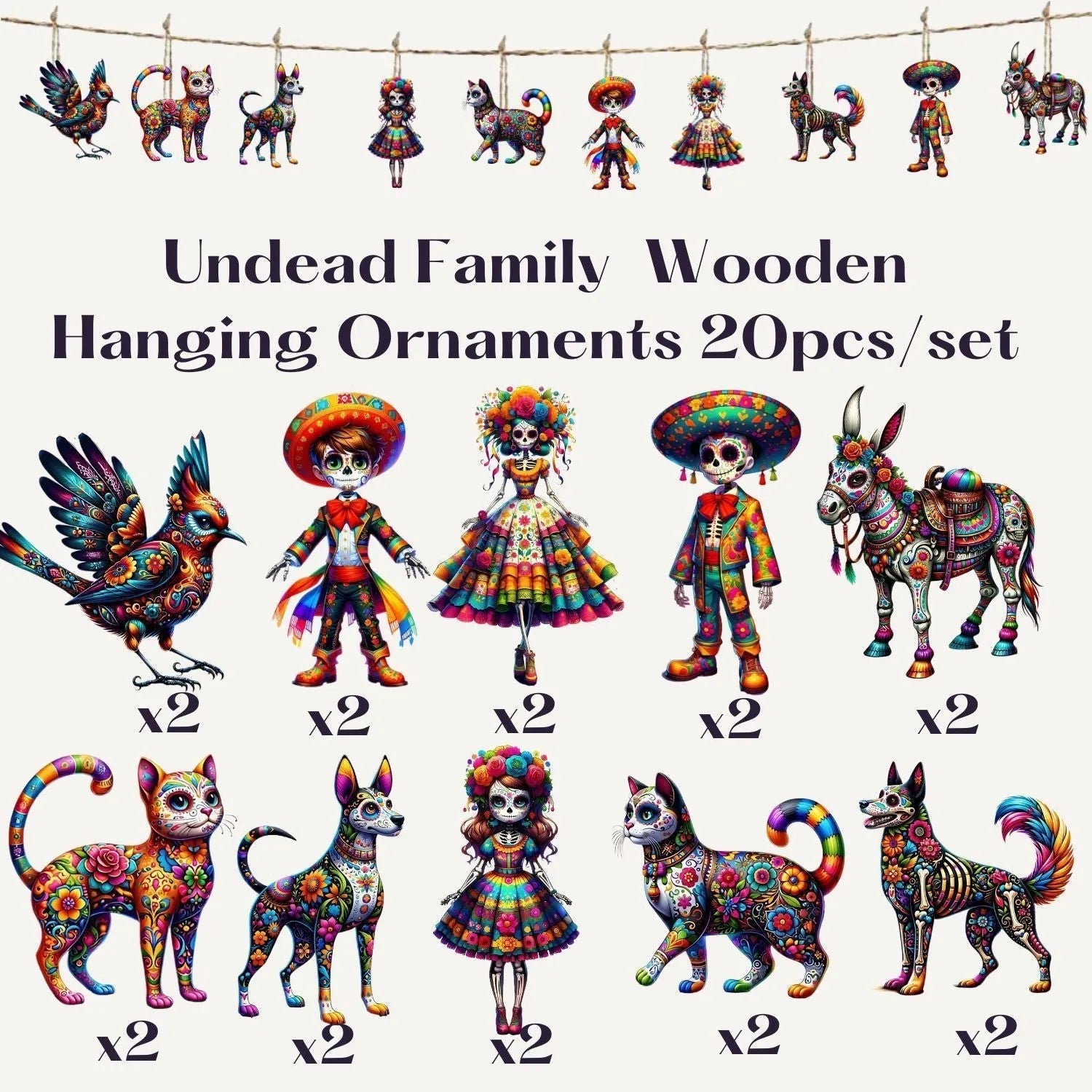 Wooden cartoon animal flat pendant set for Halloween and Easter wall decoration