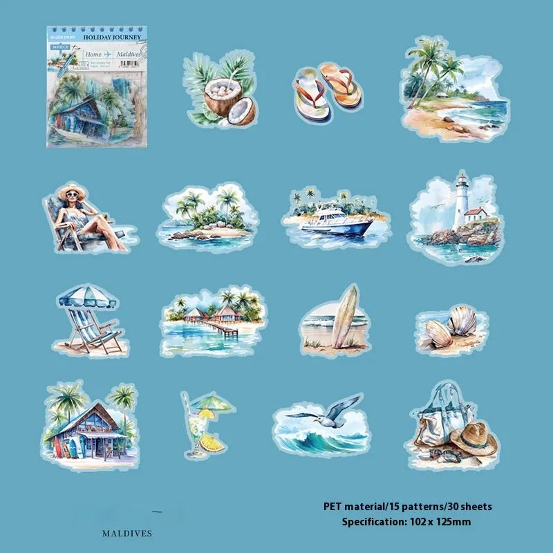 Sheet of retro-style printed stickers showing architectural landmarks including Paris Arc de Triomphe and Bangkok Grand Palace.