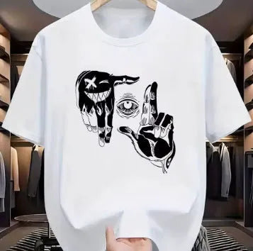 Men's mesh T-shirt with cartoon pattern in bird eye cloth polyester, showing round neck and short sleeve design