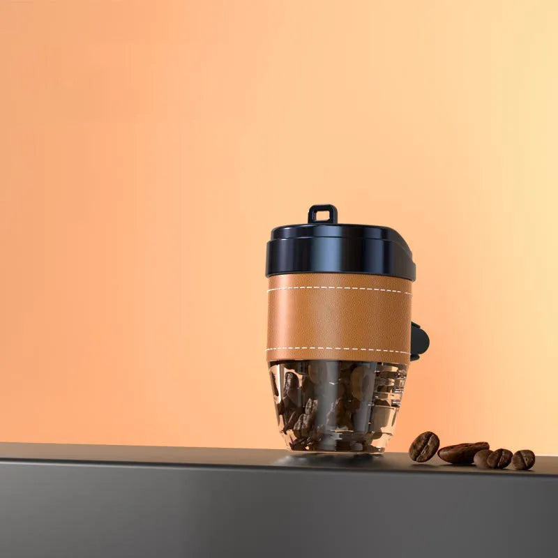 Brown plastic coffee cup-shaped solid car air freshener on a car dashboard.