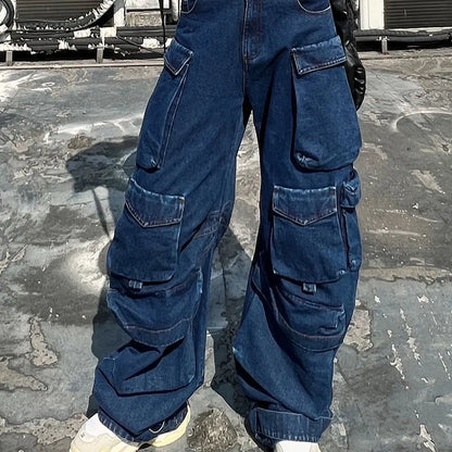 Dark blue distressed wide-leg women's jeans with high waist and multiple pockets on cotton denim fabric