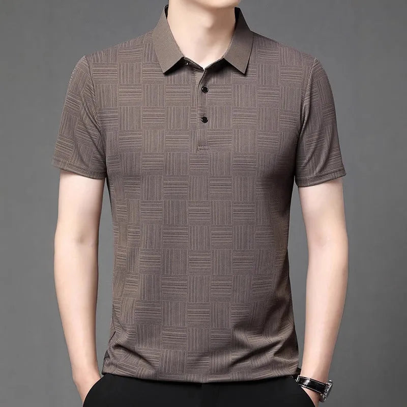 Men's slim fit lapel t-shirt in breathable chemical fibre blend fabric available in six sizes from M to XXXXL and five colours including beige, black, brown, green, and orange for daily casual wear