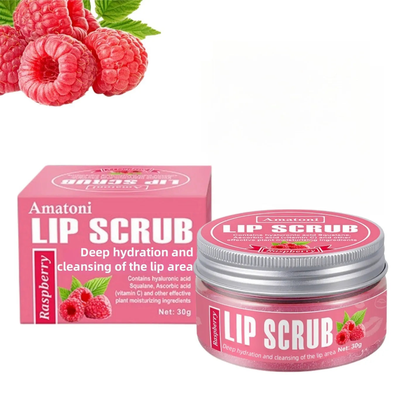Amatoni 30g pot of fruit flavour lip scrub cream in coconut, raspberry, vanilla, or watermelon