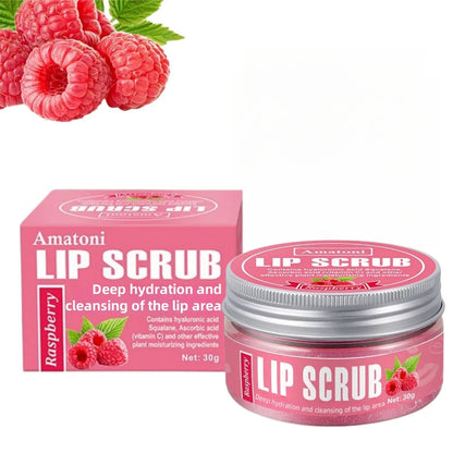 Amatoni 30g pot of fruit flavour lip scrub cream in coconut, raspberry, vanilla, or watermelon