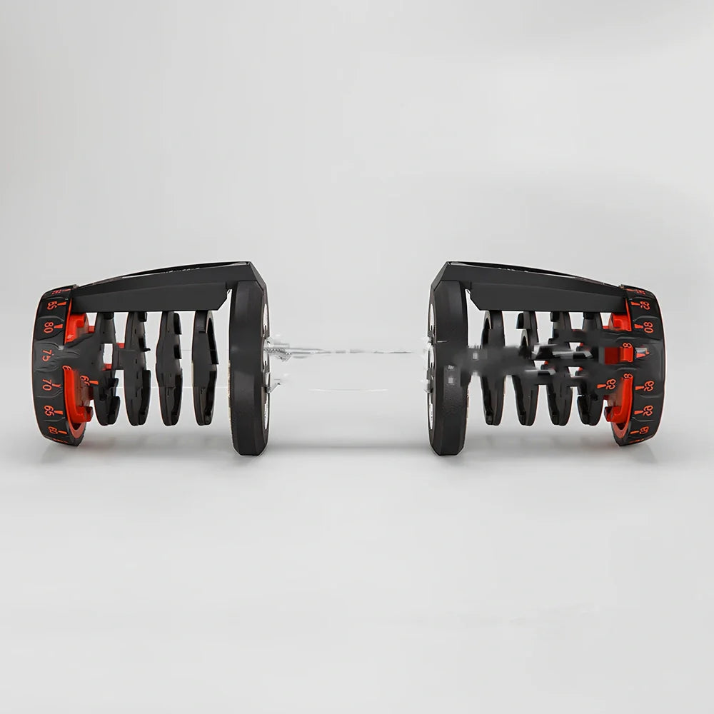 Black automatic adjustable dumbbell with dial weight selector showing 5kg to 25kg range