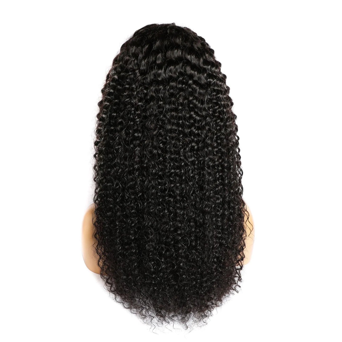 Curly human hair lace front wig on a stand, showing natural texture and length.