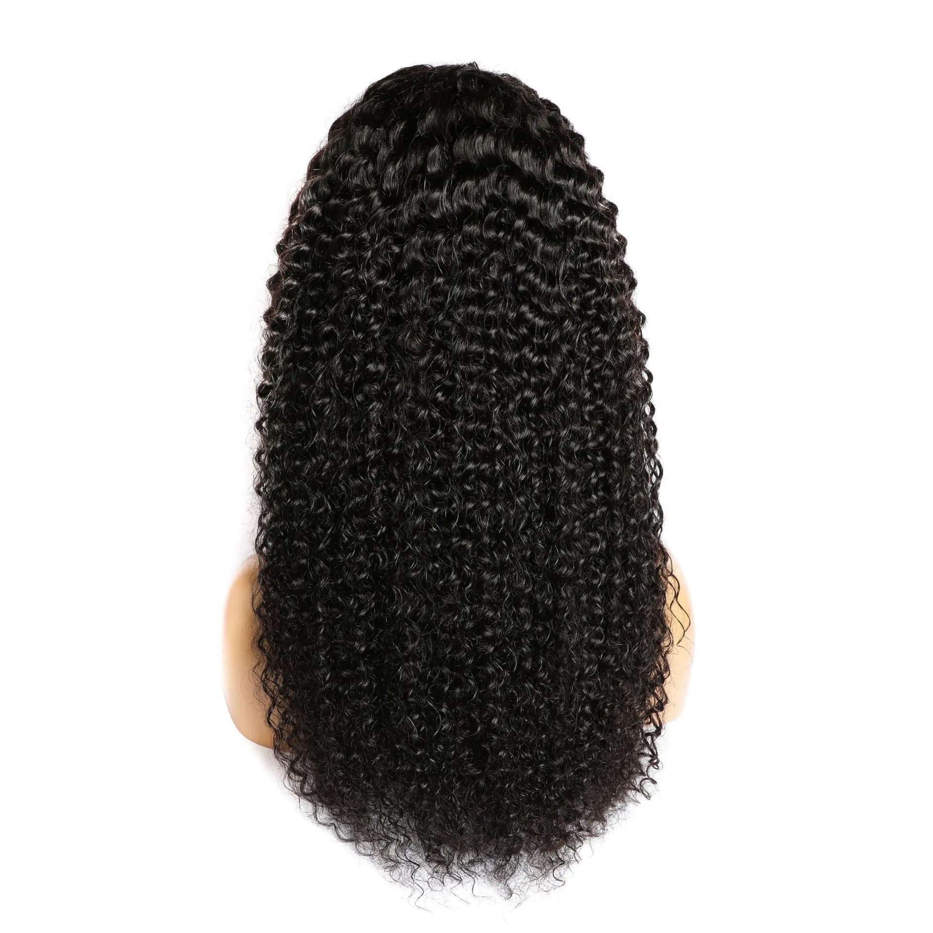 Curly human hair lace front wig on a stand, showing natural texture and length.