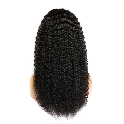 Curly human hair lace front wig on a stand, showing natural texture and length.