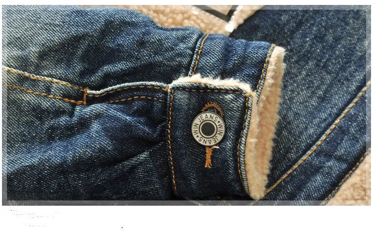 Children's denim jacket with faux fur collar, plus velvet lining, square collar, denim blue, Korean style, sizes 90-140cm
