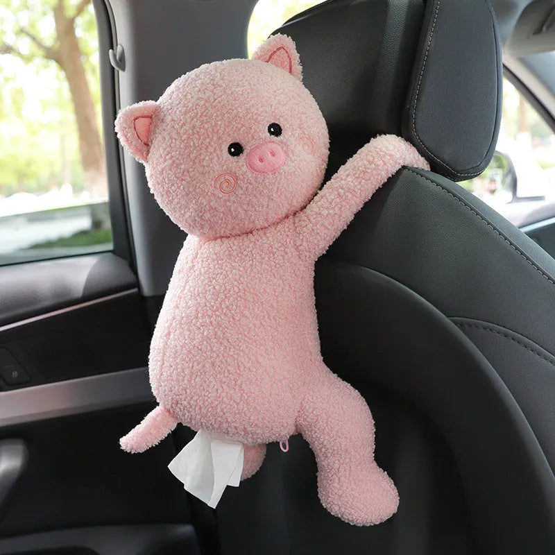 Plush animal design tissue box holder mounted on back of car seat
