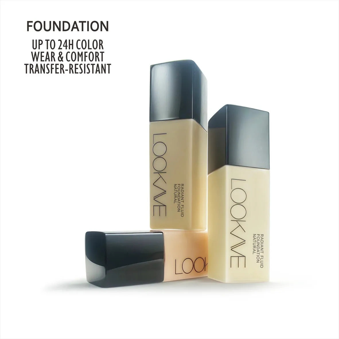 LOOKAVE Matte Liquid Foundation bottle showing 21c quantity with six colour shade options for waterproof coverage