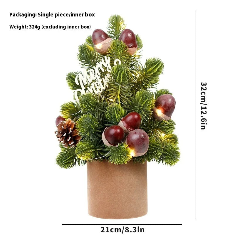 32cm tall desktop Christmas tree with LED-lit pine cone ornaments in red, champagne, or dark brown.