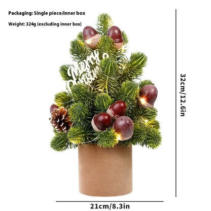 32cm tall desktop Christmas tree with LED-lit pine cone ornaments in red, champagne, or dark brown.