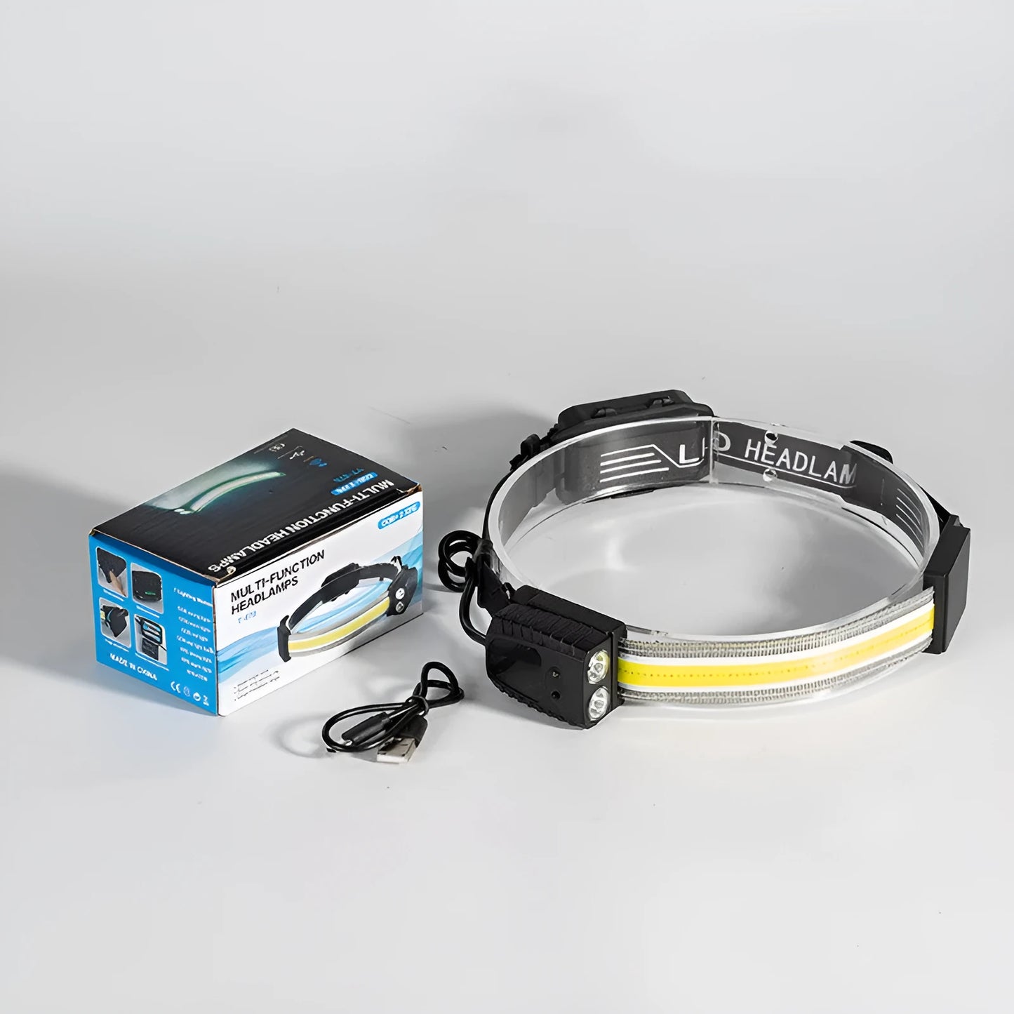 Black multifunctional headlamp with gesture sensor, COB panel, and two XPE LEDs for outdoor and emergency use.