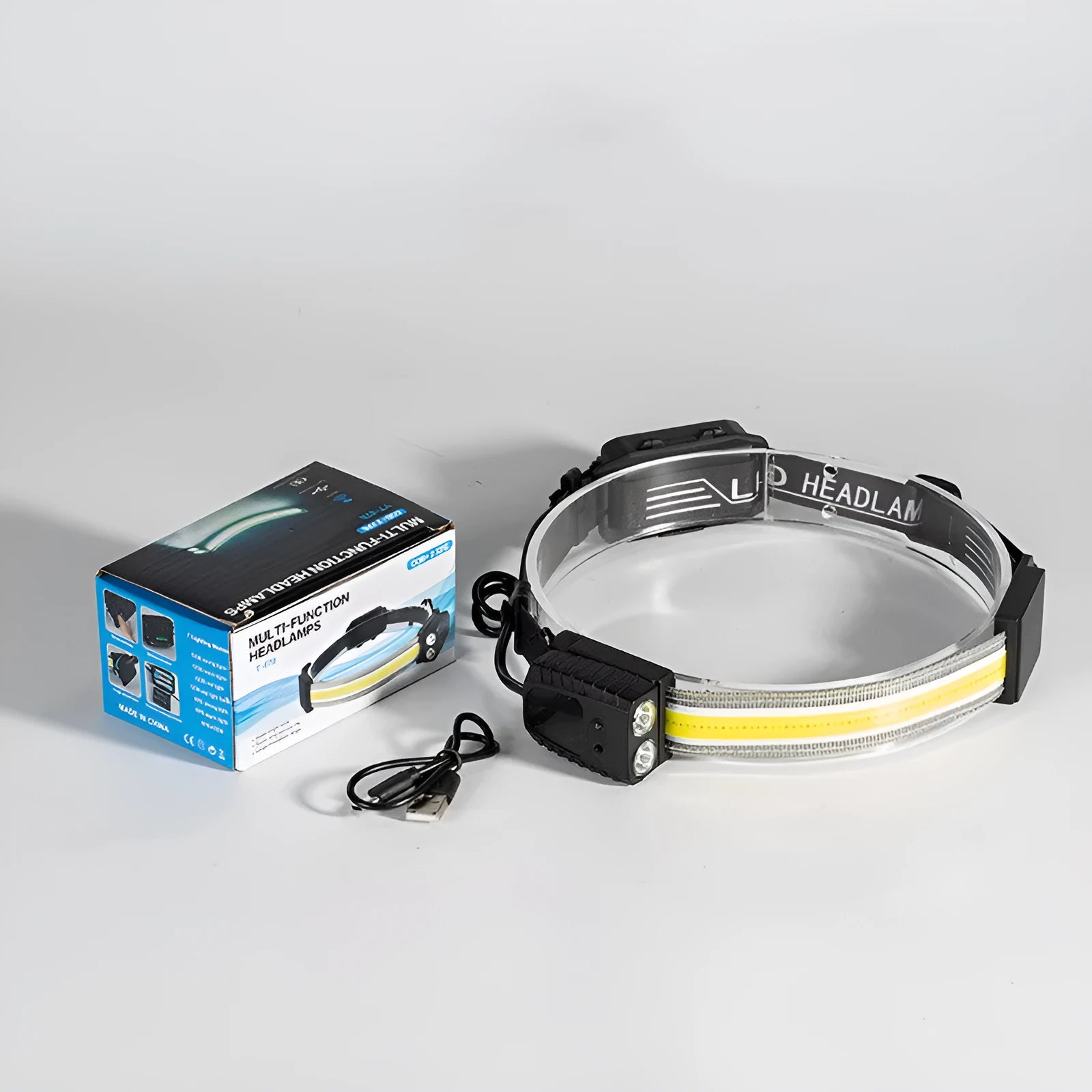 Black multifunctional headlamp with gesture sensor, COB panel, and two XPE LEDs for outdoor and emergency use.