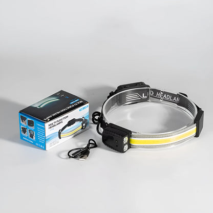 Black multifunctional headlamp with gesture sensor, COB panel, and two XPE LEDs for outdoor and emergency use.