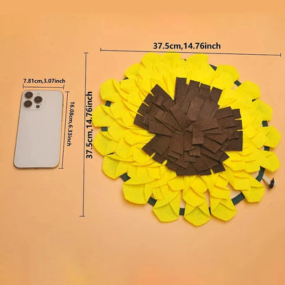 Yellow sunflower snuffle mat for dogs with rope and buckle attachment