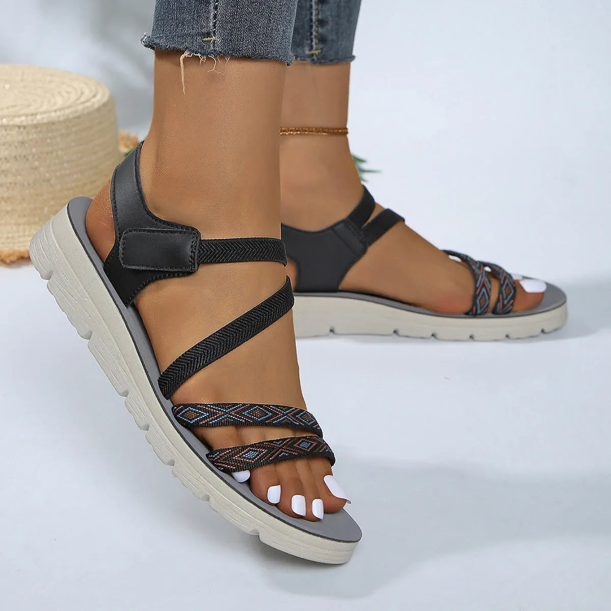 Women's non-slip printed flat sandals with hollow out PU upper, round toe, sizes 36 to 41, Beige Black Dark Blue
