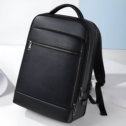 Black leather men's business computer backpack with curved shoulder straps and sewing line details