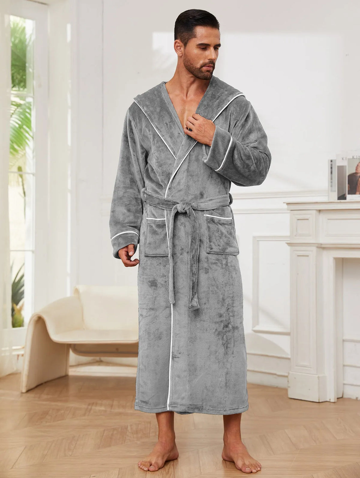 Men's long sleeve flannel bathrobe in light grey, dark blue, or black colours