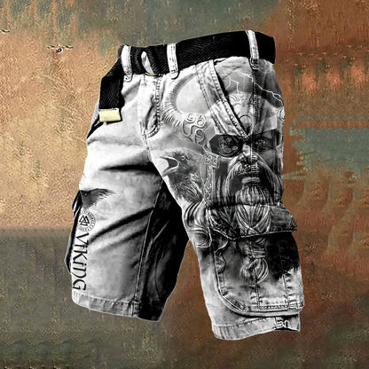 Man wearing grey 3D digitally printed polyester shorts with a zip fastening.