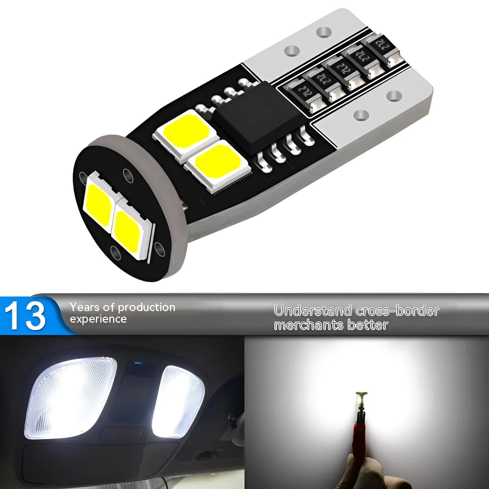 Small white LED car licence plate light with fibre glass board, shown at 10mm size.