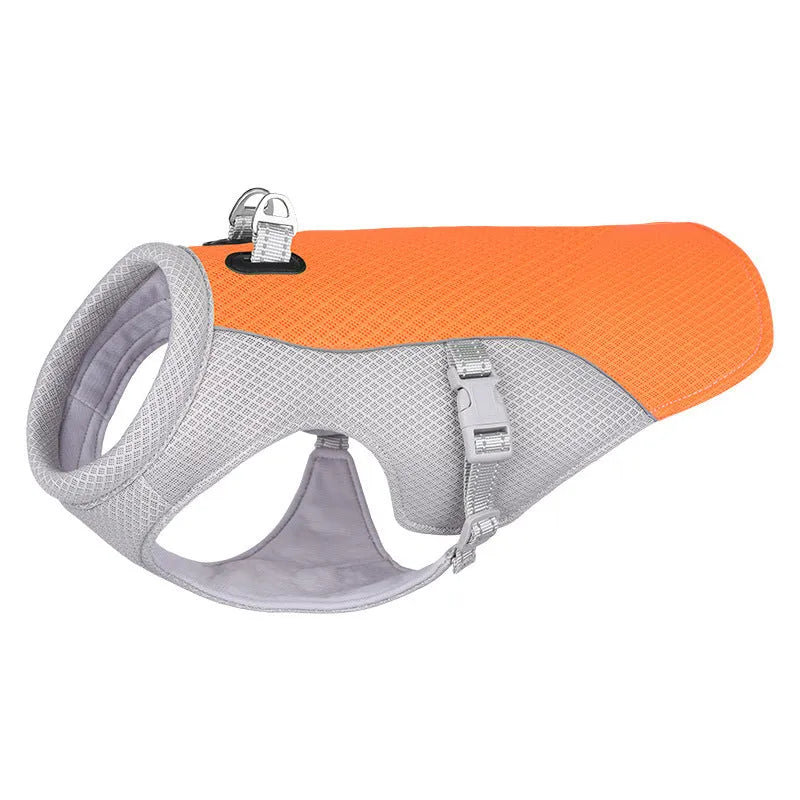 Orange polyester dog cooling vest with layered construction for evaporative cooling and UV protection.